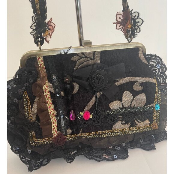 Vintage Three Flower Lace Tapestry Ribbon Metal Frame Brass Handbag Purse - Picture 5 of 9